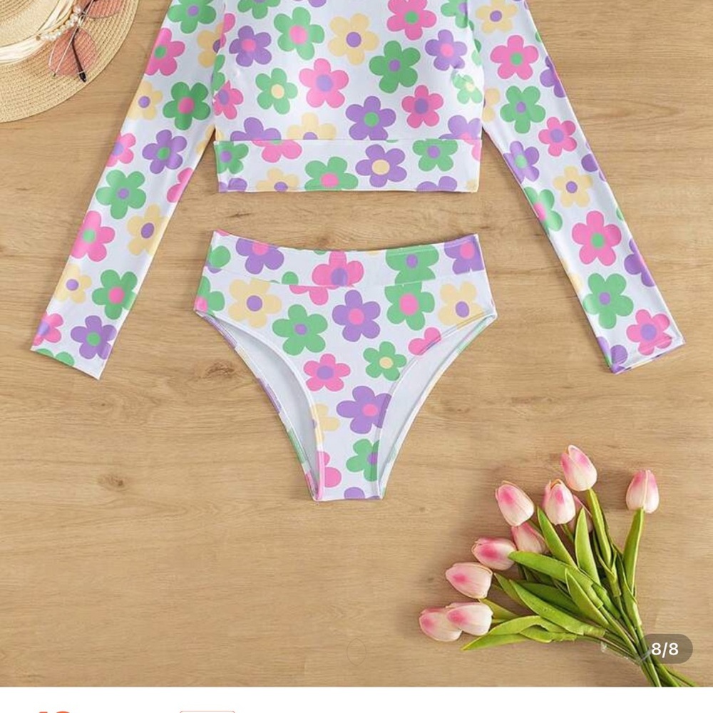 SHEIN Floral Long Sleeve Bikini Set - White, Purple, Green, Pink brand new - Picture 7 of 12